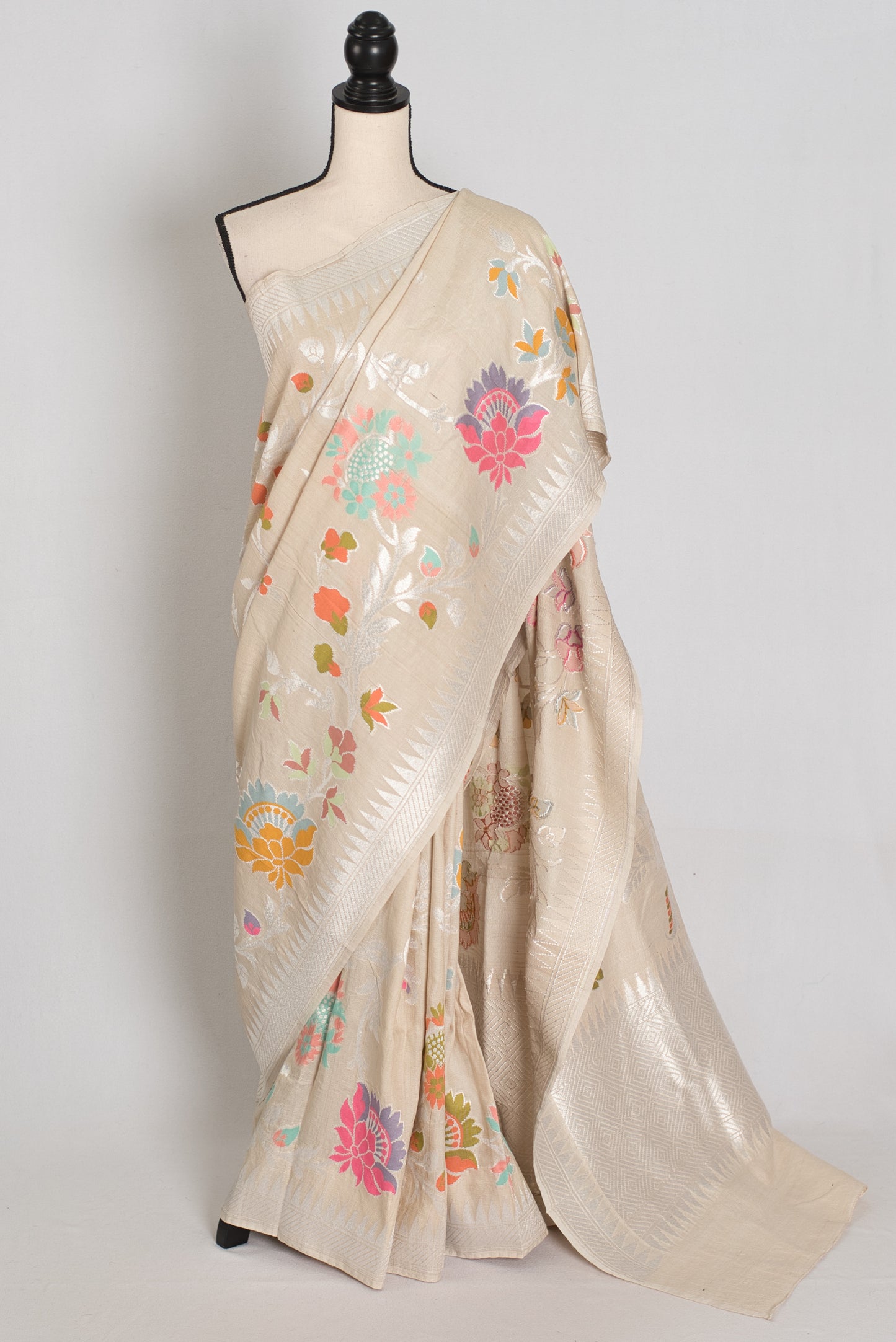 Nidhi : Beige & Silver Tussar Georgette Banarasi Saree with Minakari Florals image 0