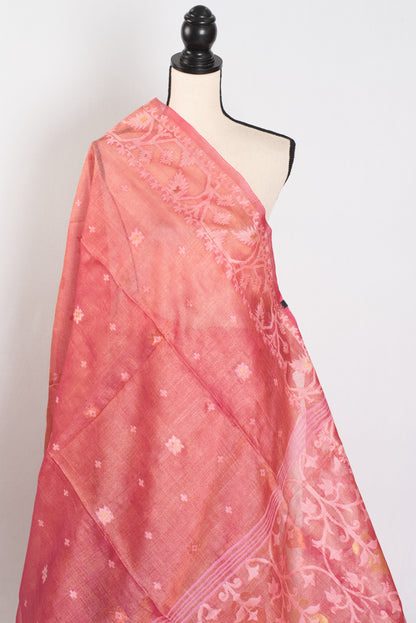 Urmi : Coral Pink Pure Bengal Tussar Silk Saree with Hand-Woven Jamdani Motif image 4