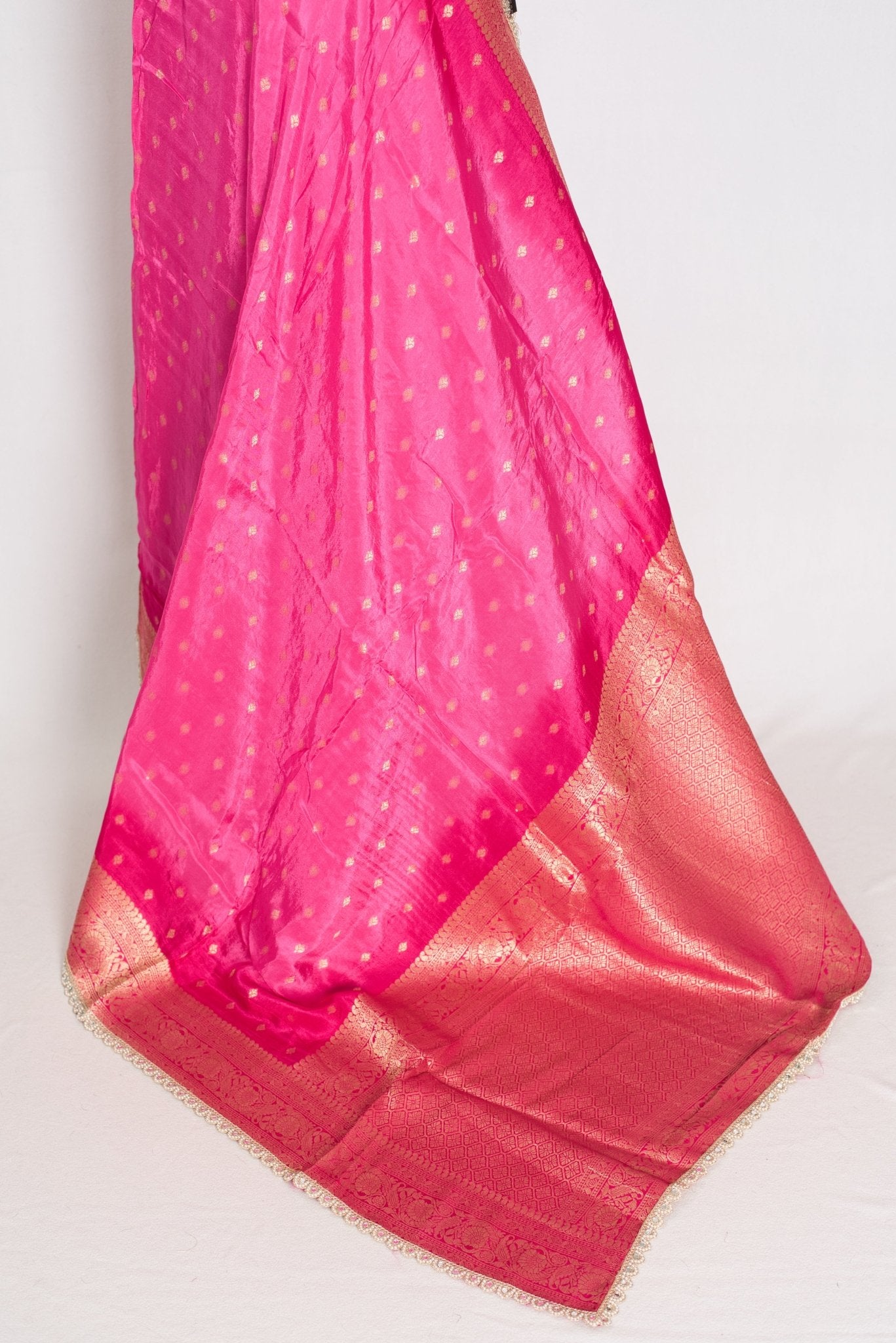 Abira | Pink & Gold Dola Silk Banarasi Saree | Designer Stitched Lace Border - Saree Mandi