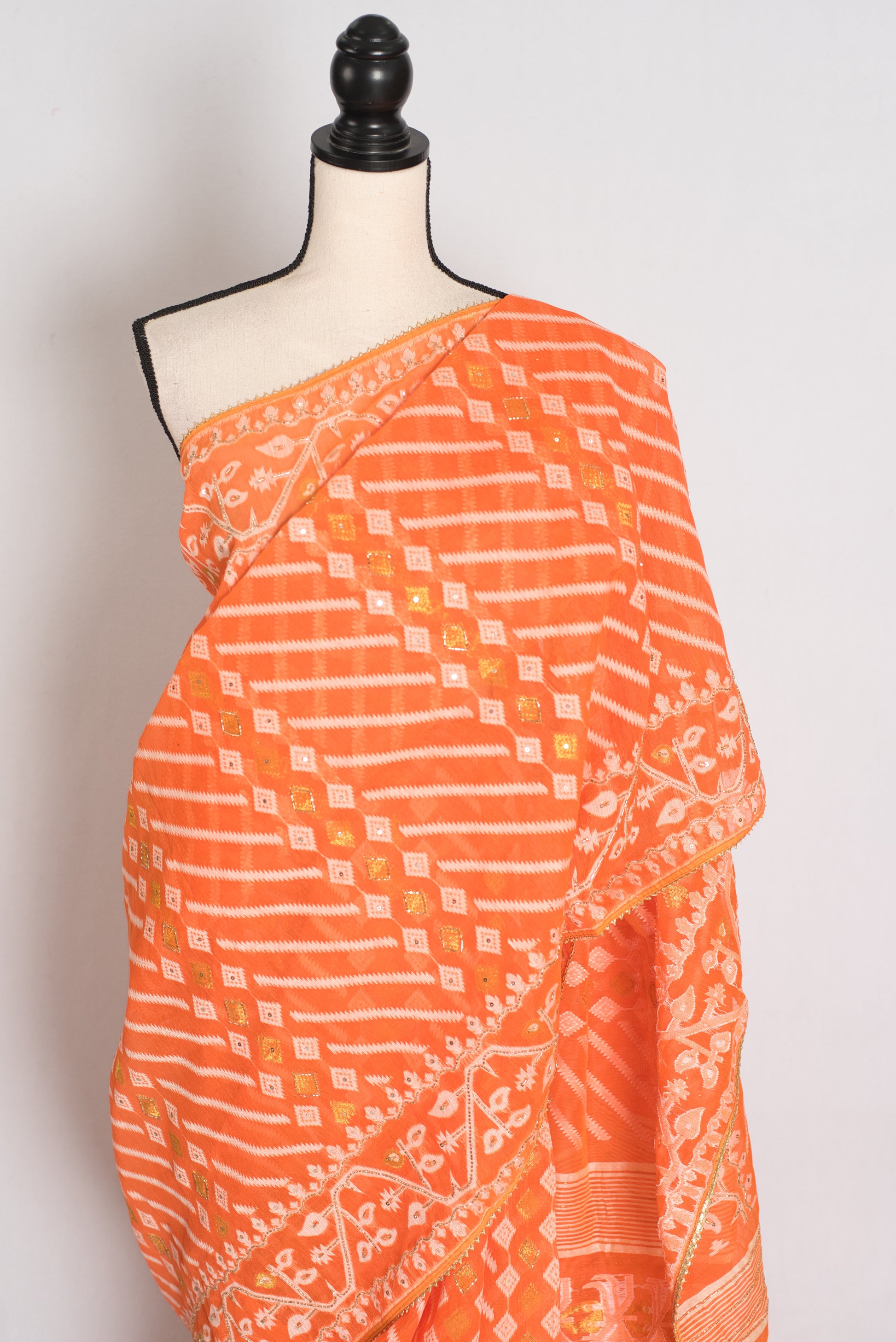 Sia : Festive Orange and White Blended Cotton Jamdani Saree with Hand Embroidery image 2