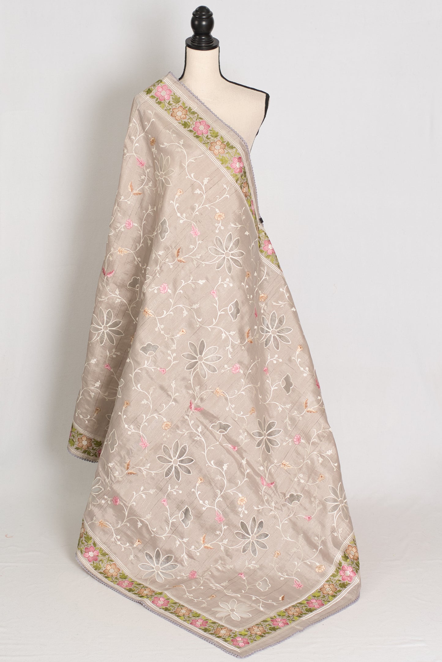 Sriti: Dove Grey Semi Tussar Silk Saree with Floral Cut Work Embroidery image 1