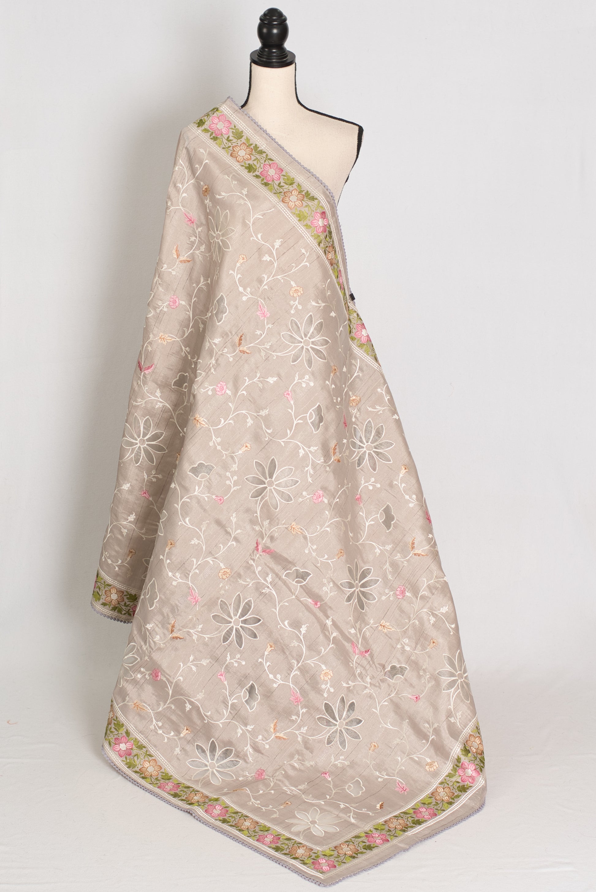 Sriti: Dove Grey Semi Tussar Silk Saree with Floral Cut Work Embroidery image 1
