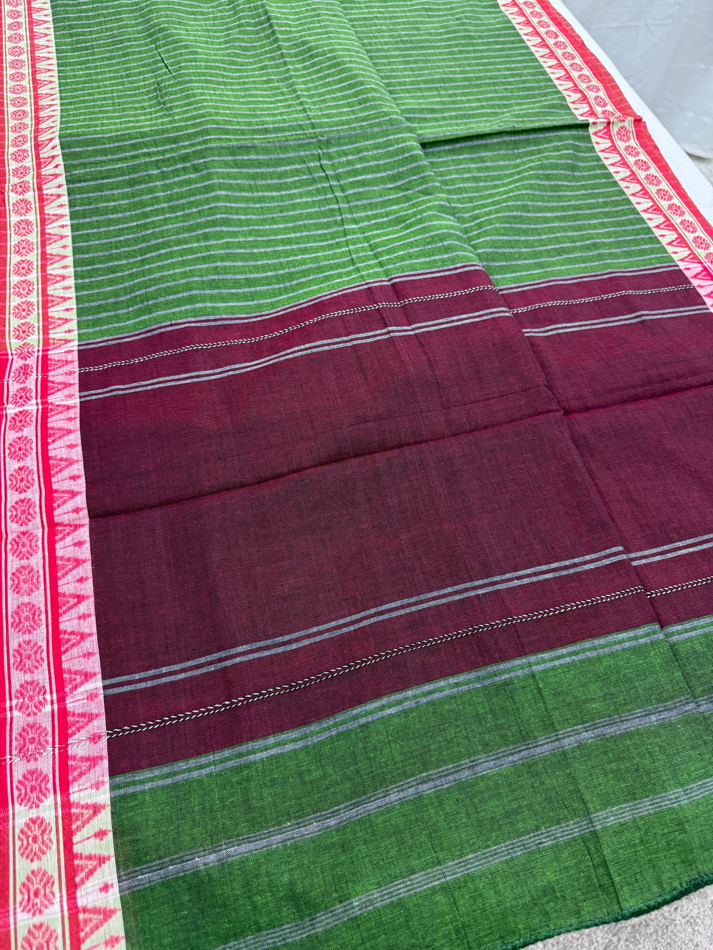 Bina : Heena Green Red Soft Cotton Dhaniakhali Saree image 6