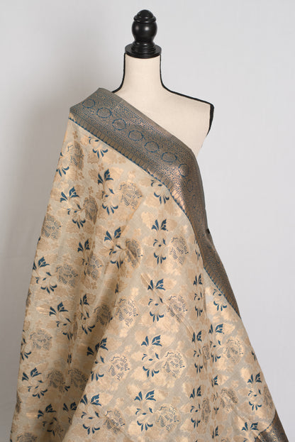 Jamini: Budget Friendly Blended Cotton Banarasi Saree in Beige and Blue image 4