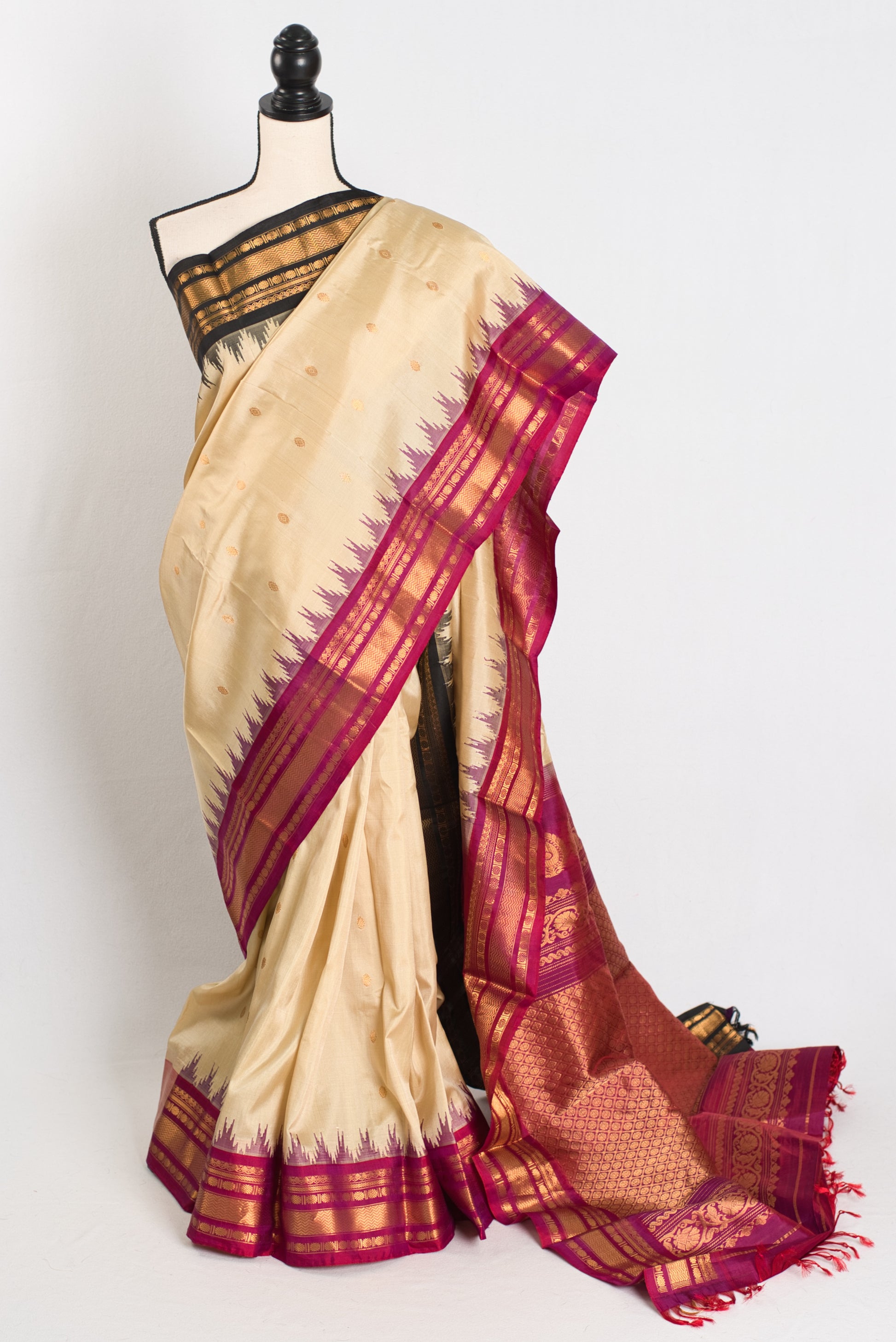 Meera : Ganga Jamuna Border Gadwal Silk Saree in Beige with Purple and Black image 0