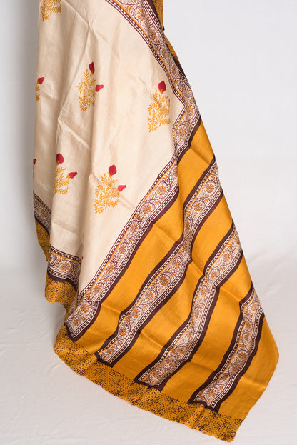 Mati : Cream and Mustard Yellow Printed Pure Silk Saree with 38 Size Blouse image 5