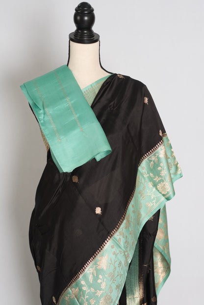Jyothi : Jet Black & Pastel Sea Green Pure Satin Silk Banarasi Saree image 2