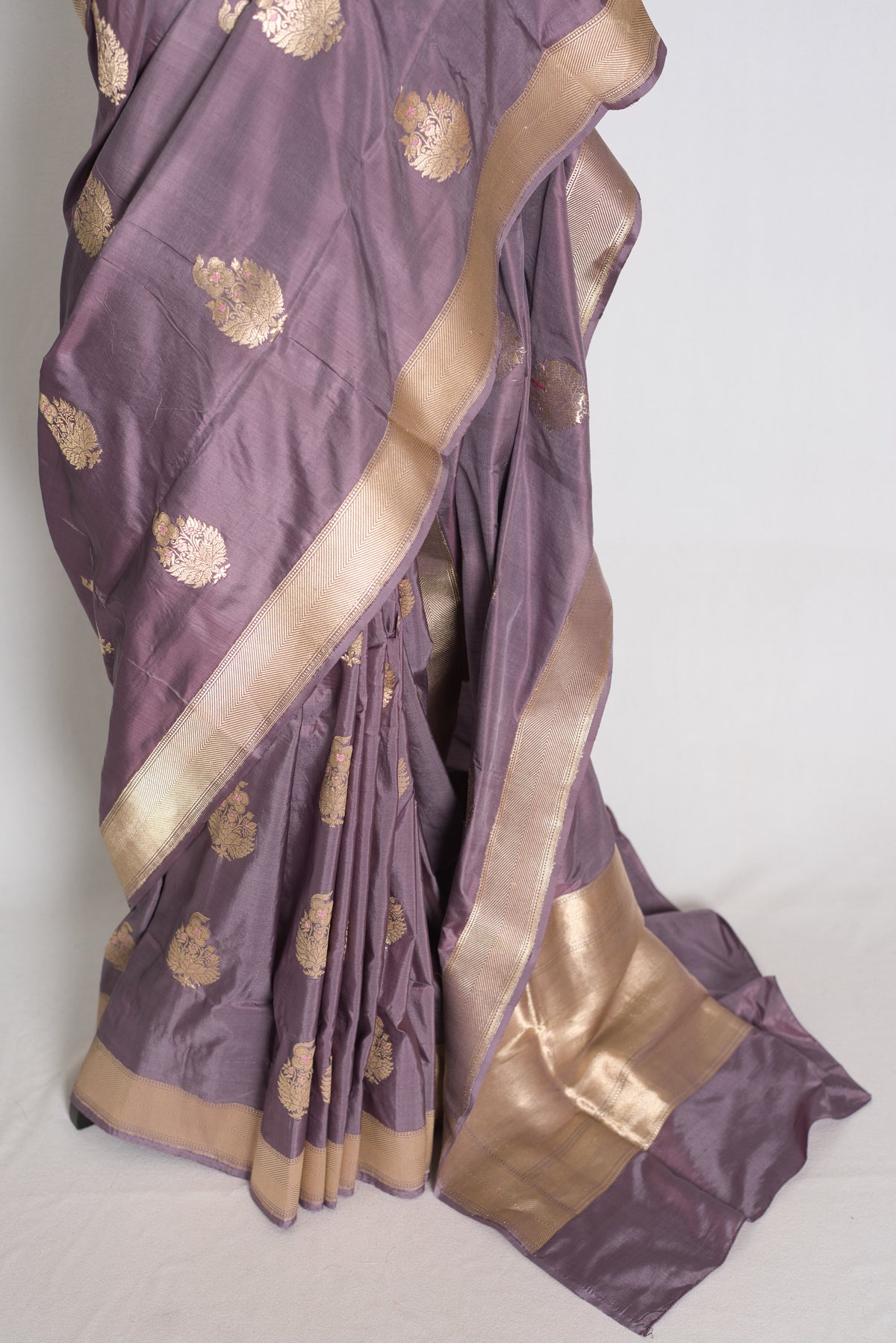 Sudha: Mauve and Gold Banarasi Katan Silk Saree with 40 Size Stitched Blouse image 7