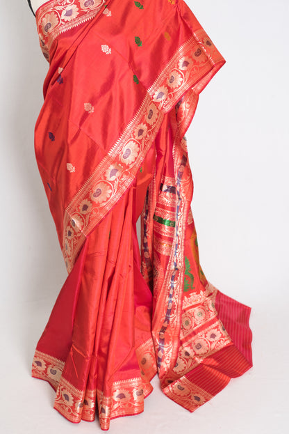 Aarna : Traditional Revival Baluchari Silk Saree from Bengal  in Orangish Red image 6