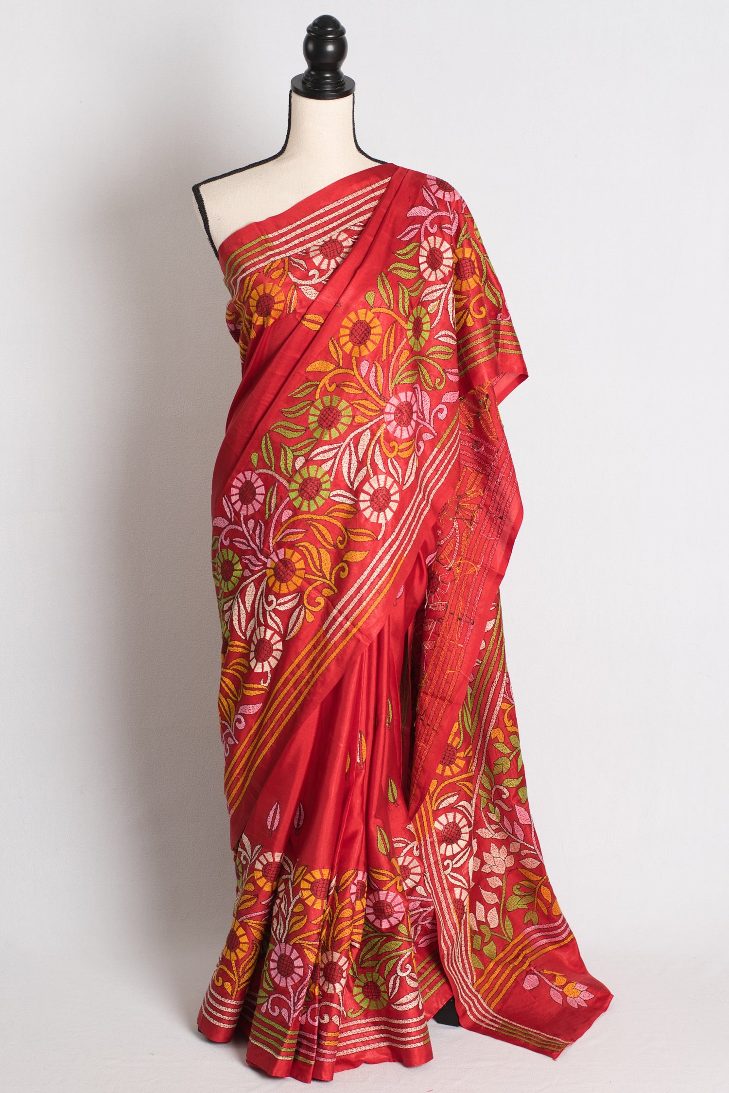 Agni Rekha - Red Blended Silk Hand Embroidered Kantha Stitch Saree image 0