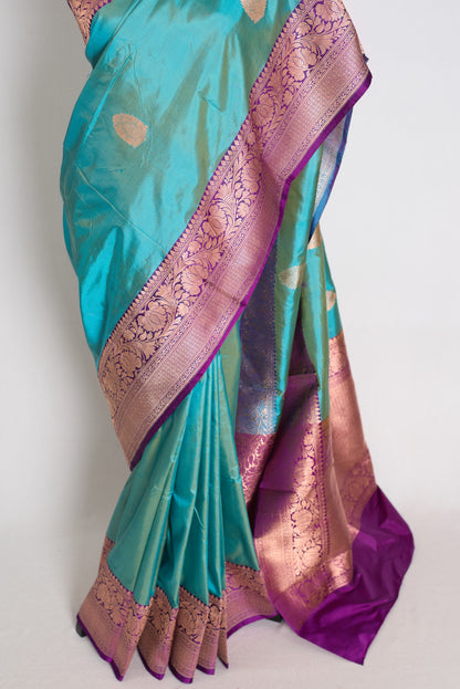 Yasmin : Cyan Blue & Deep Purple Pure Katan Banarasi Silk Saree image 5