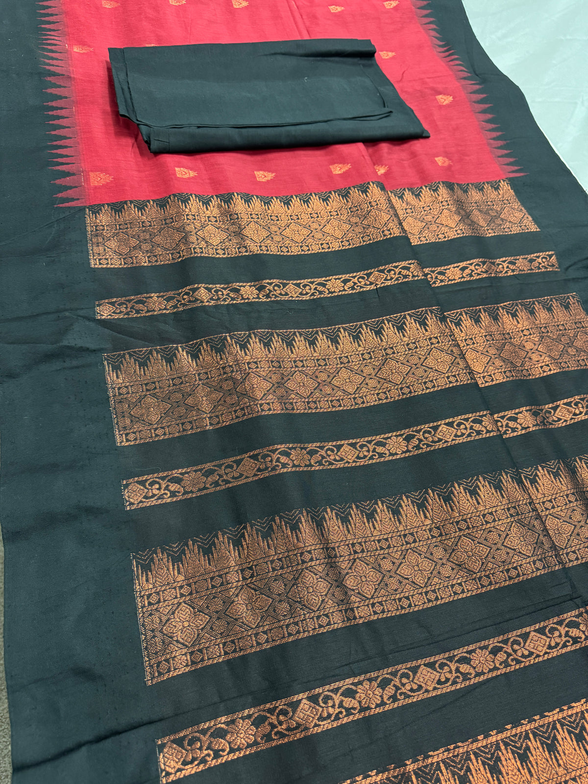 Dhriti: Dark Red Blended Cotton Gadwal Saree with Black Zari Border image 2