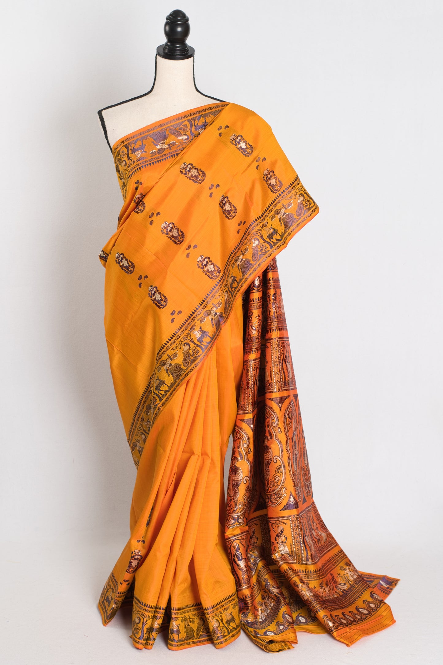 Bidisha : Traditional Baluchari Silk Saree from Bengal in Orange image 0