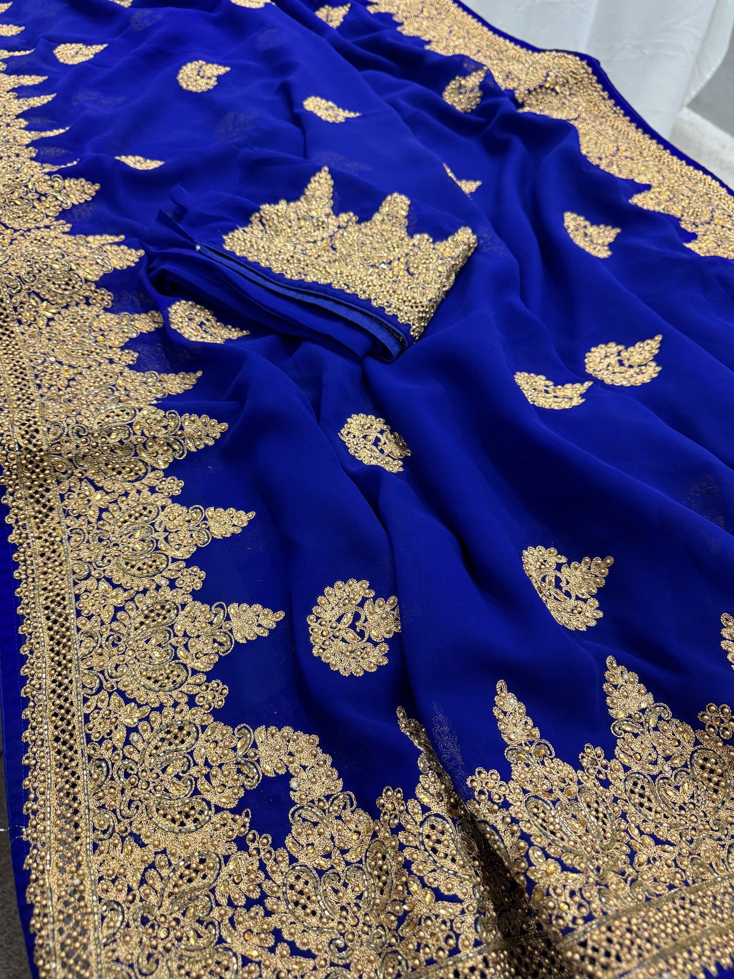Tanima | Royal Blue and Gold Georgette Bridal Saree | Bollywood Partywear image 2