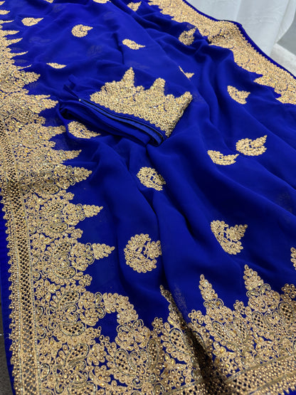 Tanima | Royal Blue and Gold Georgette Bridal Saree | Bollywood Partywear image 2