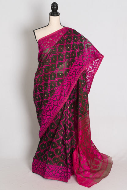 Leena : Dark Green and Rani Pink Soft Blended Cotton Jamdani Saree image 0