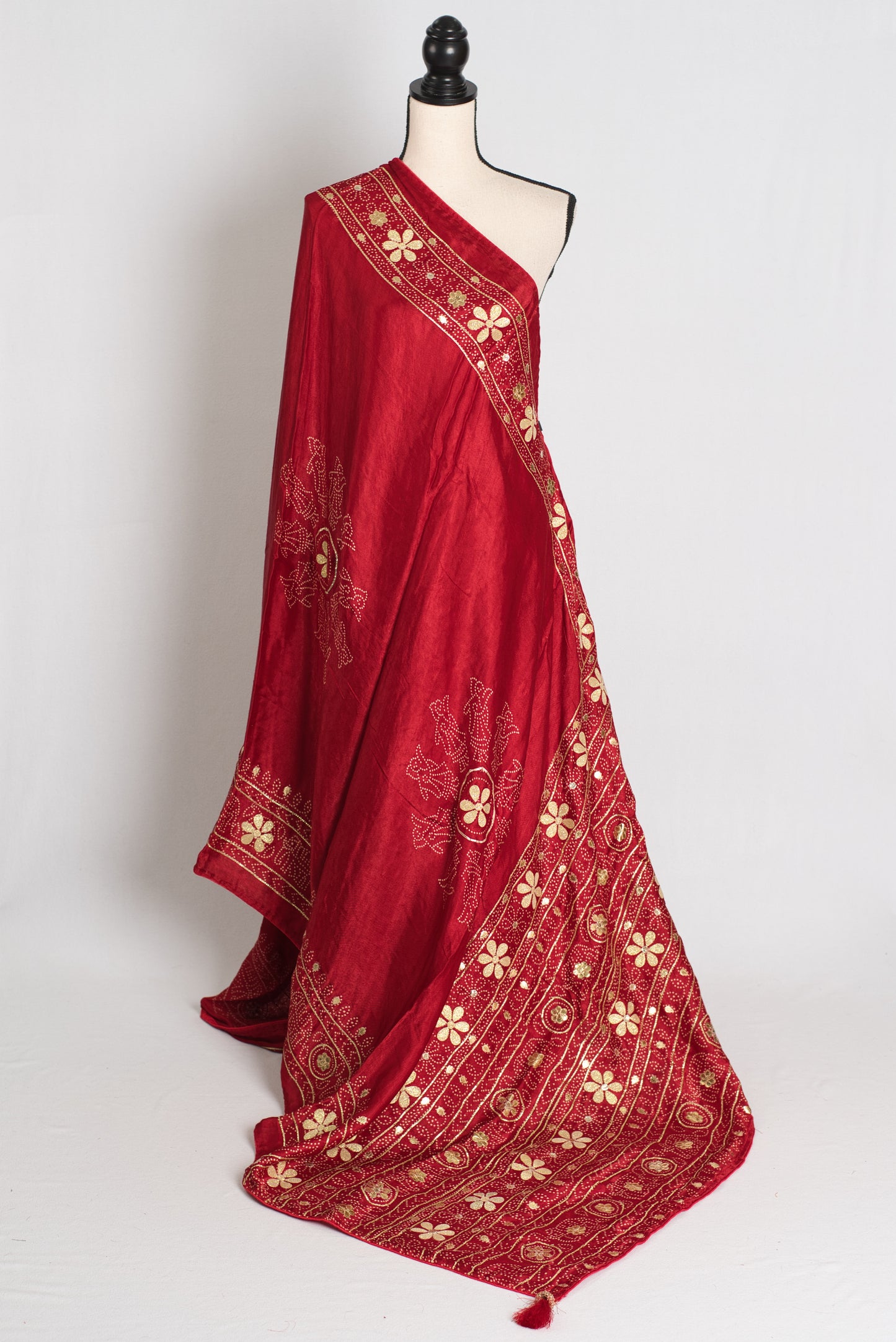 Jiya : Red Modal Silk Bandhani Saree with Gota Patti Work image 1