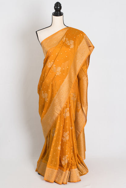 Sonali : Turmeric Yellow Semi Crepe Banarasi Saree image 0