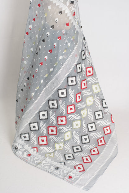 Mandar : Gray Blended Soft Cotton Jamdani Bengali Saree image 4