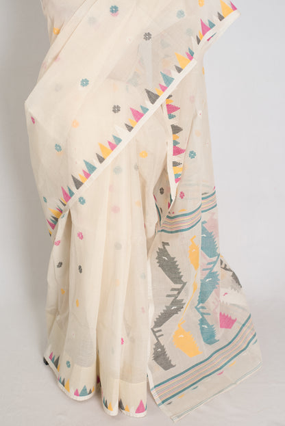Meera | Off-White Pure Cotton Handwoven Jamdani Saree image 5