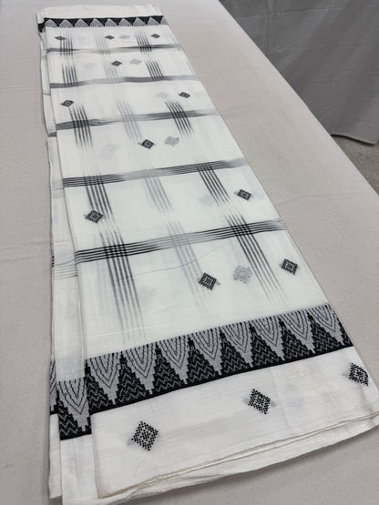 Maya : Off White and Black Soft Cotton Dhaniakhali Saree with Temple Border image 2