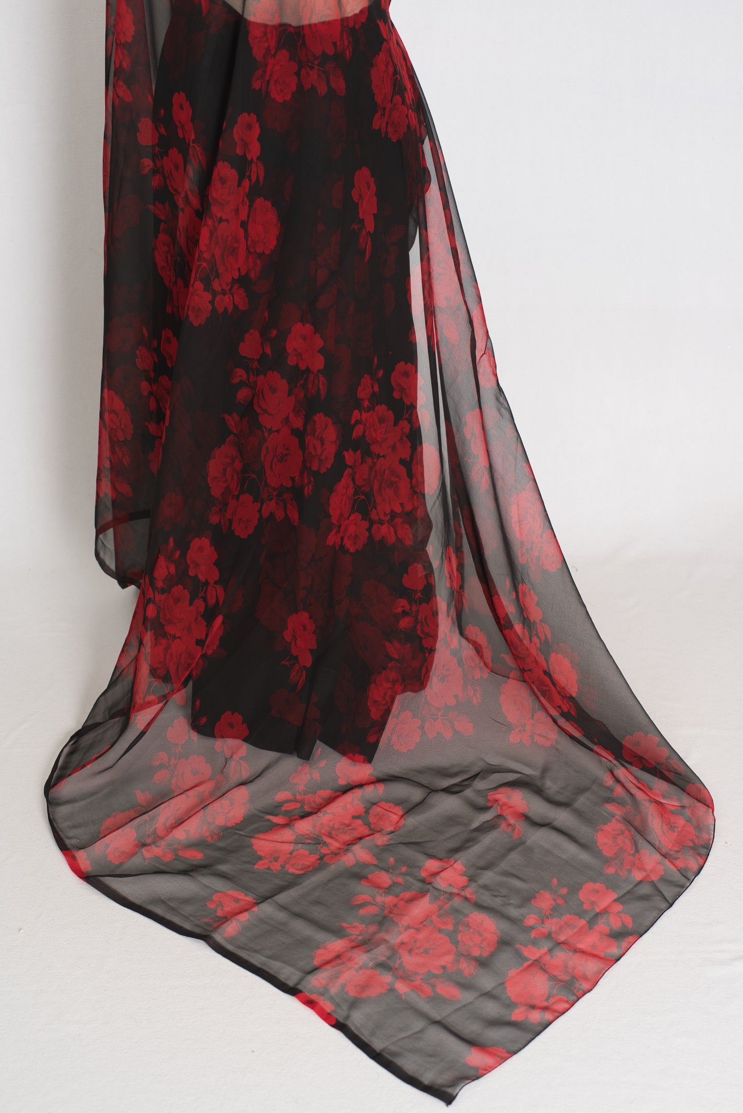 Mita : Black and Red Rose Printed Chiffon Saree - Budget Clearance Edition image 2