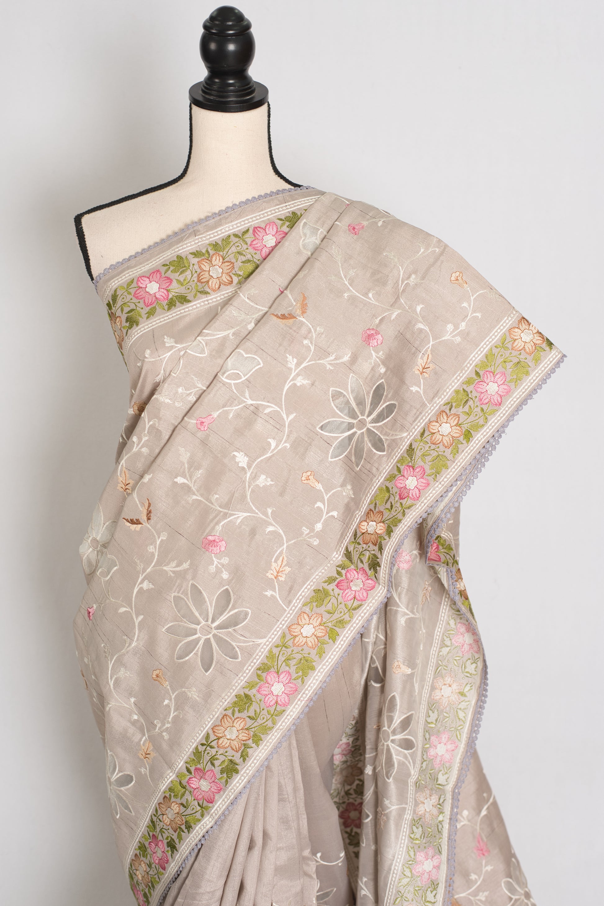 Sriti: Dove Grey Semi Tussar Silk Saree with Floral Cut Work Embroidery image 5