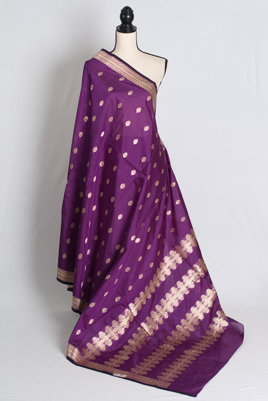 Hemavathi : Silk Mark Certified Purple Banarasi Saree with Antique Silver Zari image 1