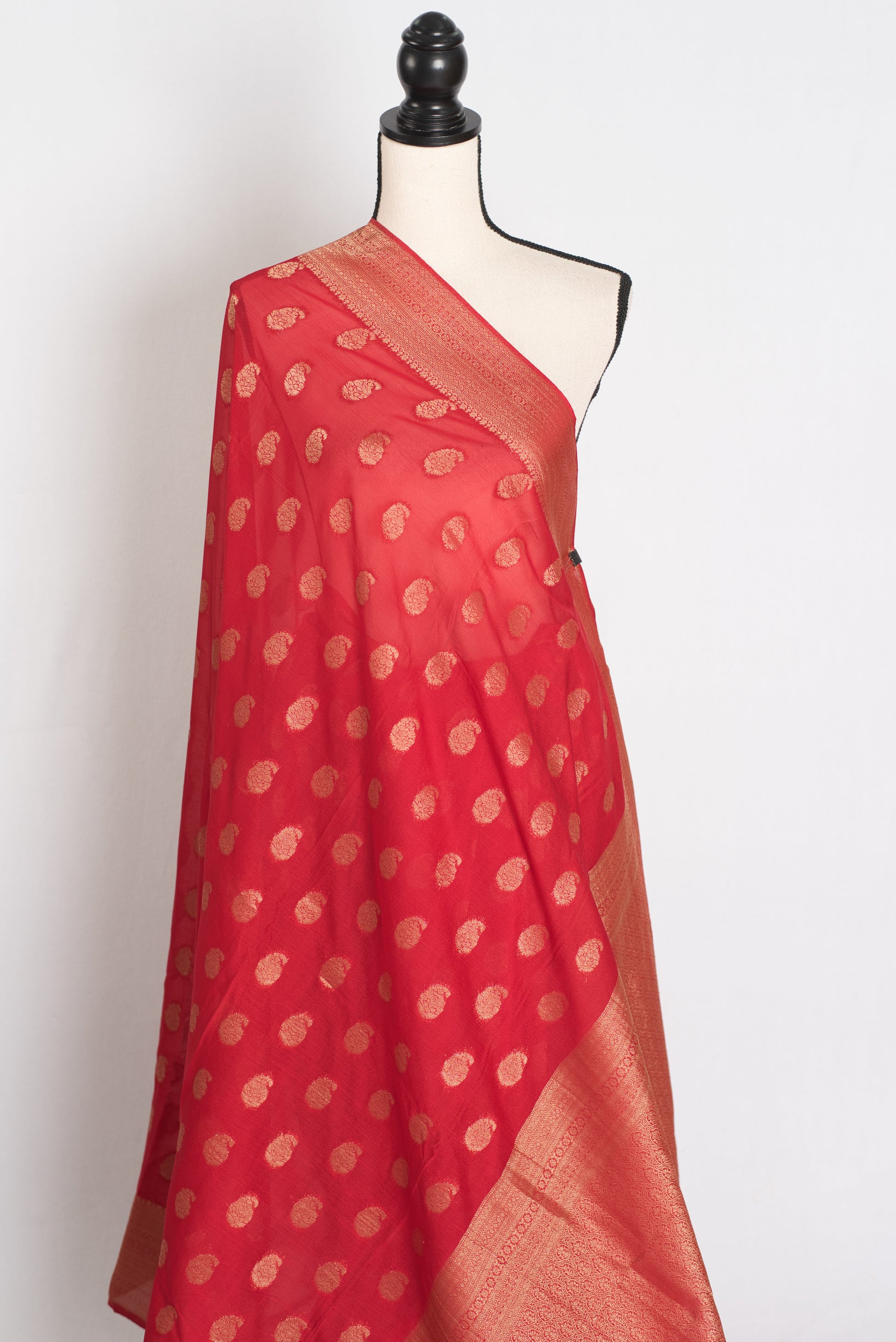 Ruby : Red Semi Georgette Banarasi Saree with Gold Zari Paisley Motifs image 4