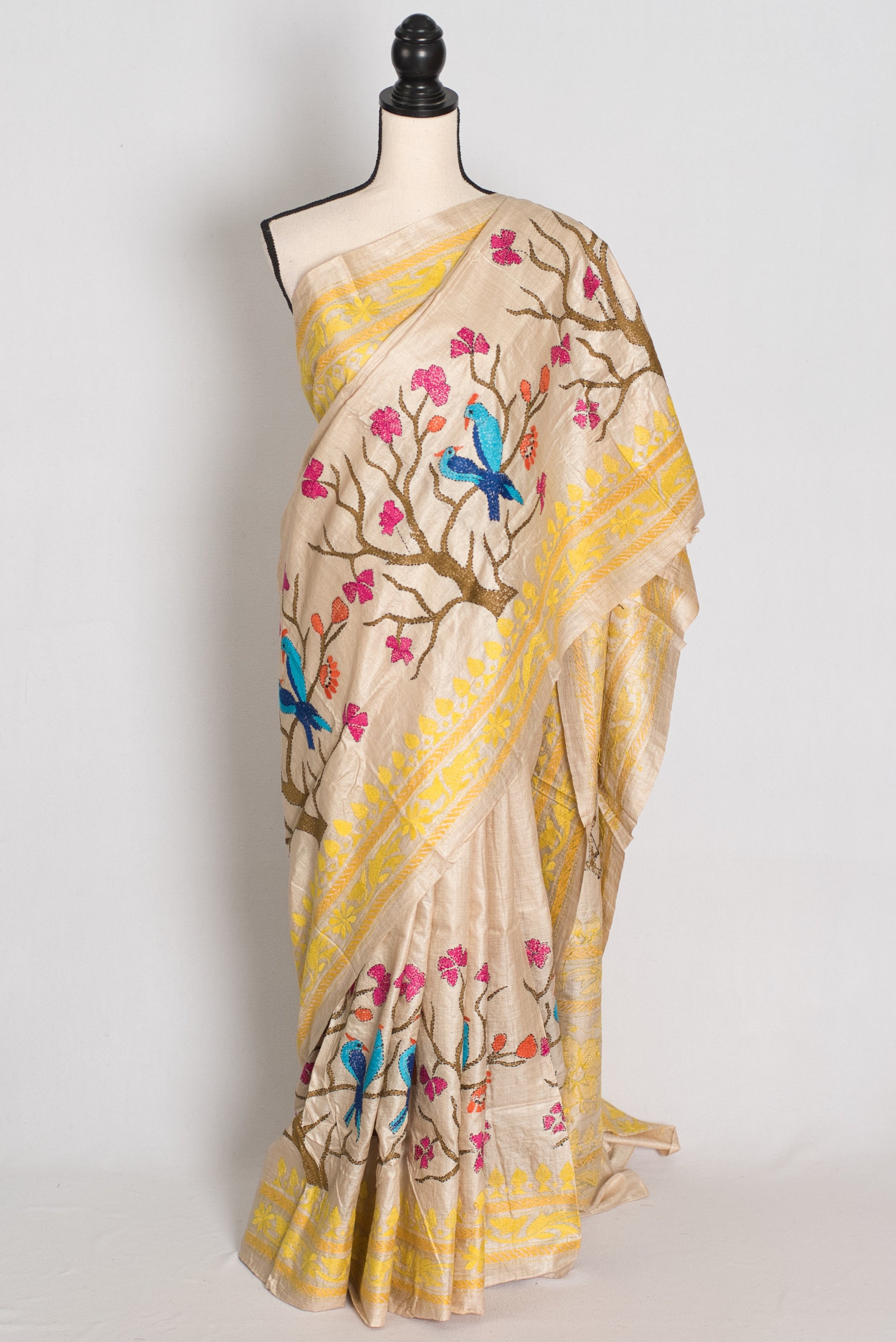 Srija : Beige and Yellow Hand Embroidered Kantha Stitch Pure Gachi Tussar Saree image 0