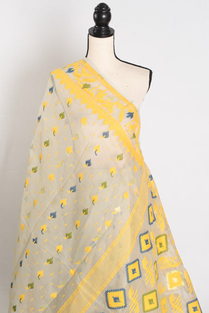 Snigdha : Brown and Yellow Blended Soft Cotton Jamdani Bengali Saree image 3