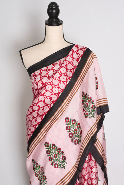 Pritha : Light Pink and Black Hand Block Printed 3-Ply Murshidabad Silk Saree image 4