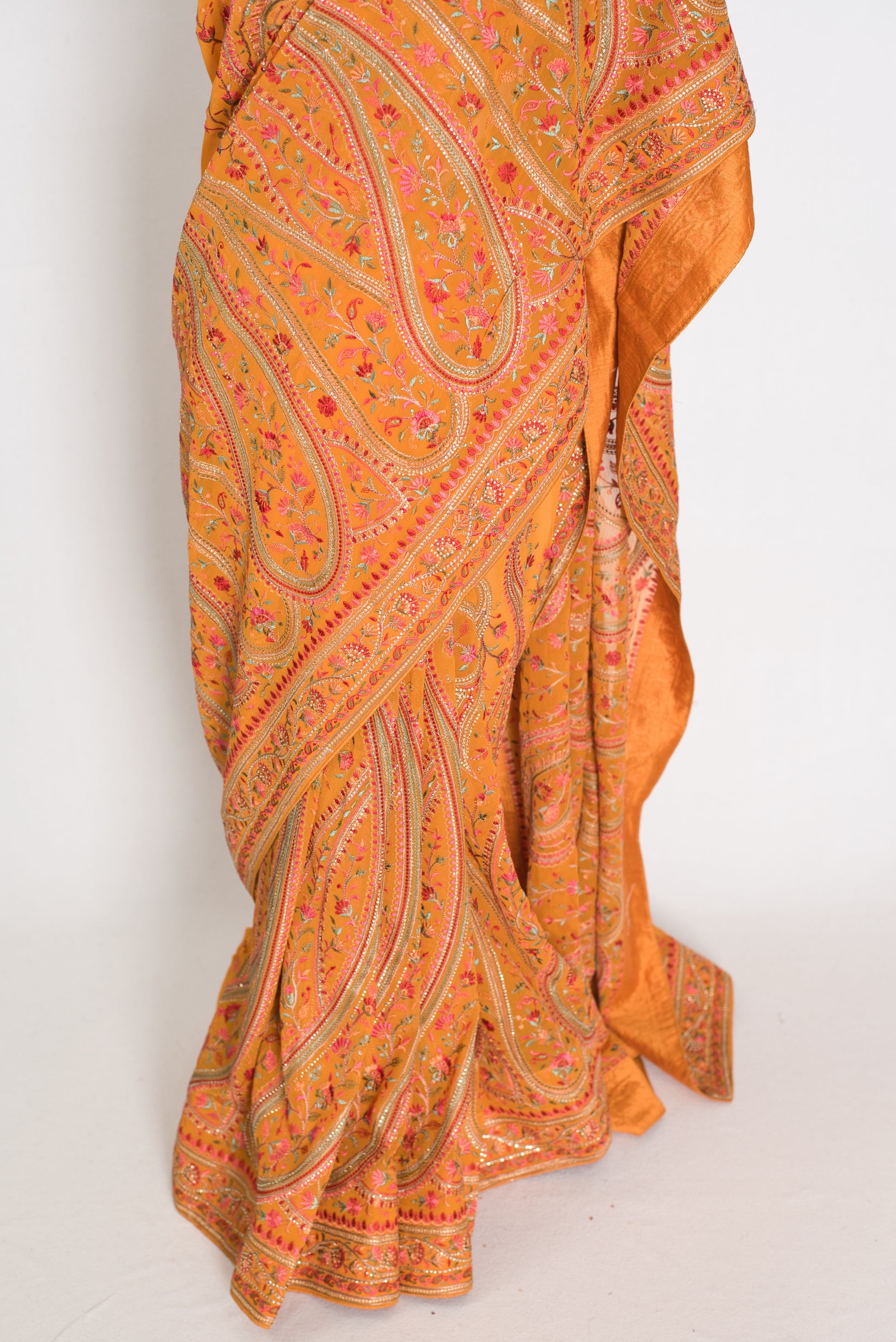 Haldi | Turmeric Yellow Georgette Saree | All-Over Kashmiri Embroidery image 6