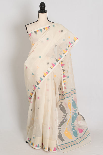 Meera | Off-White Pure Cotton Handwoven Jamdani Saree image 0