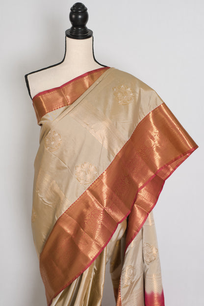 Rama : Mud White & Brick Red Contrast Semi Silk Kanjivaram Saree image 5