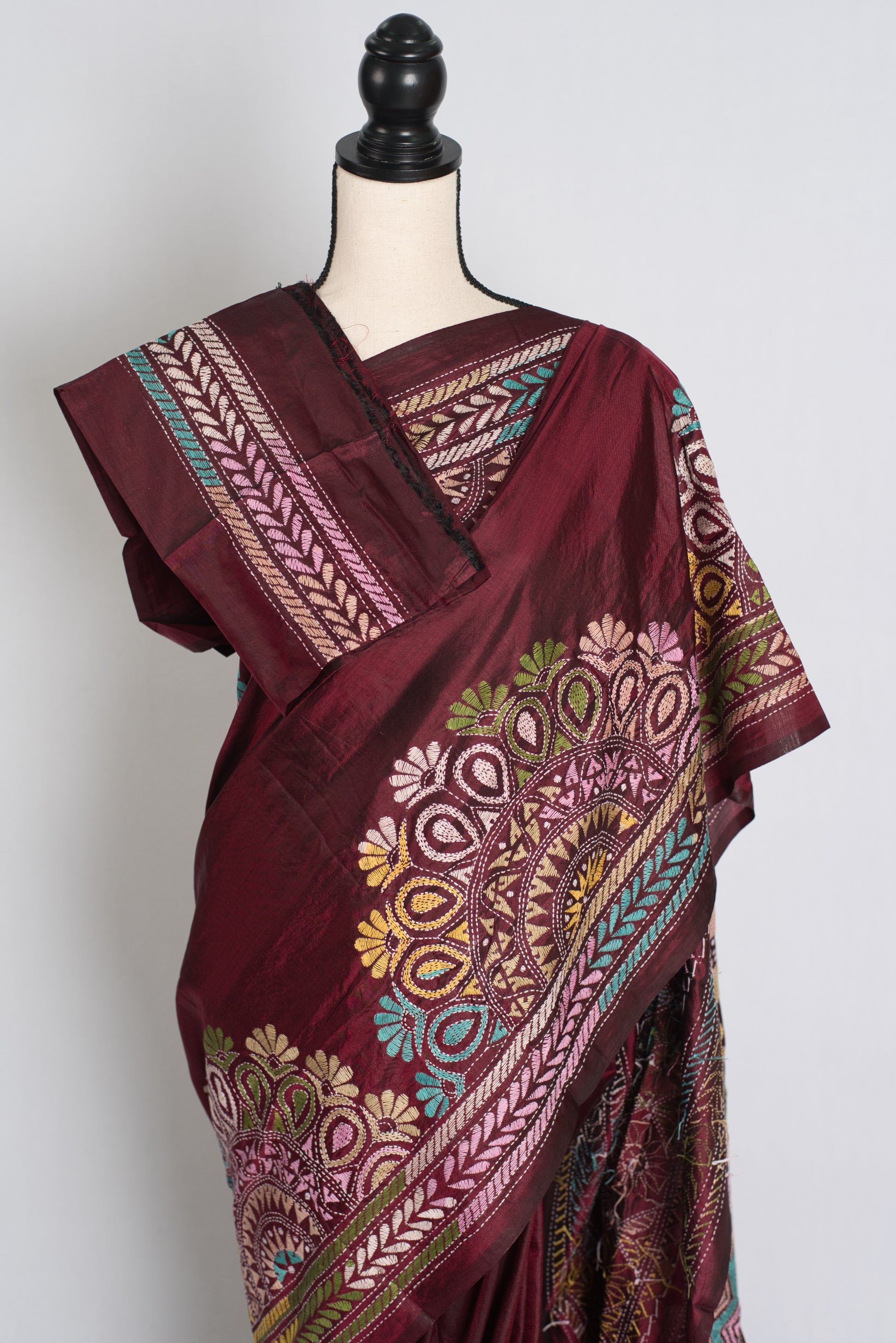 Bandana : Maroon Silk Mark Certified Hand Embroidery Kantha Stitch Saree image 4