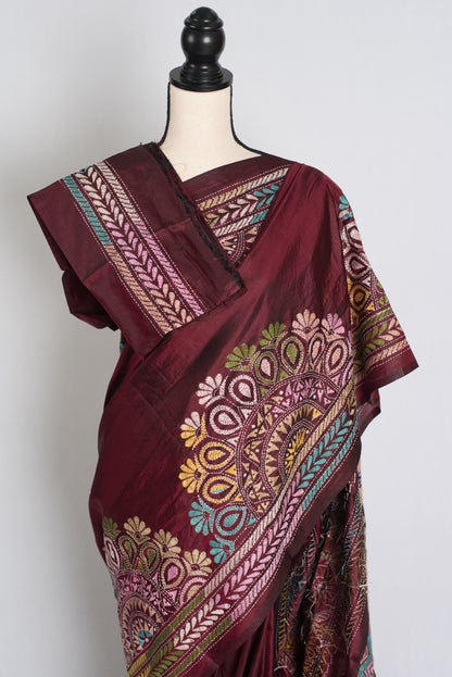 Bandana : Maroon Silk Mark Certified Hand Embroidery Kantha Stitch Saree image 4