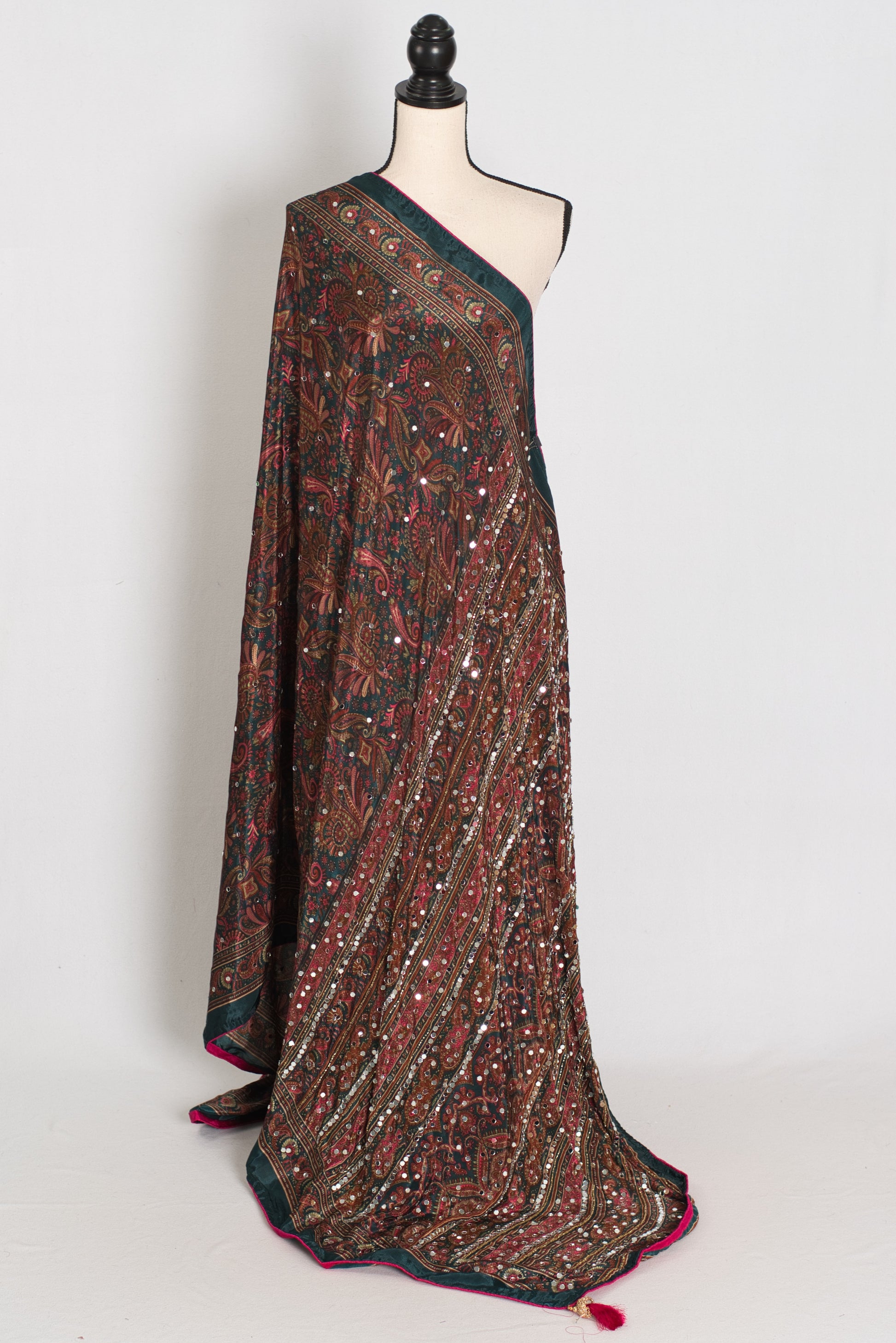 Sneha | Dark Green Kalamkari Printed Mirror Work Saree | Semi Modal Silk image 1