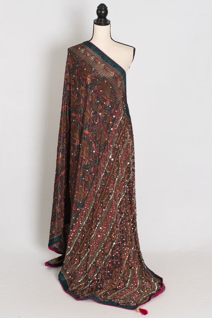 Sneha | Dark Green Kalamkari Printed Mirror Work Saree | Semi Modal Silk image 1