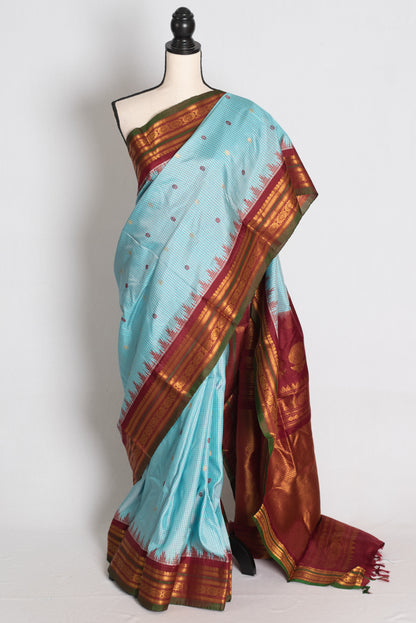 Naheed : Sky Blue and Maroon Micro Checks Handloom Gadwal Silk Saree image 0