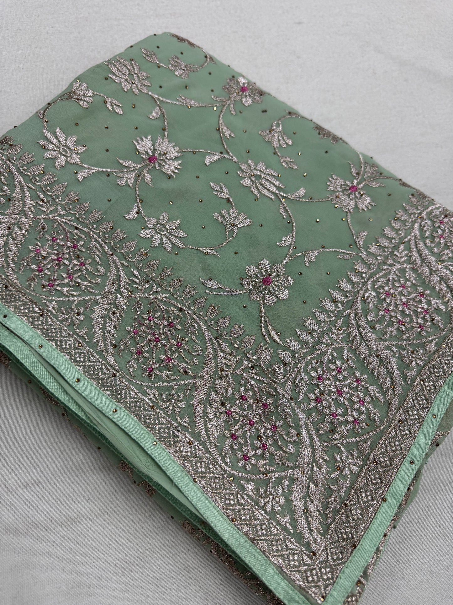 Pooja | Sea Green Georgette Partywear Saree | Elegant Machine Floral Embroidery image 2