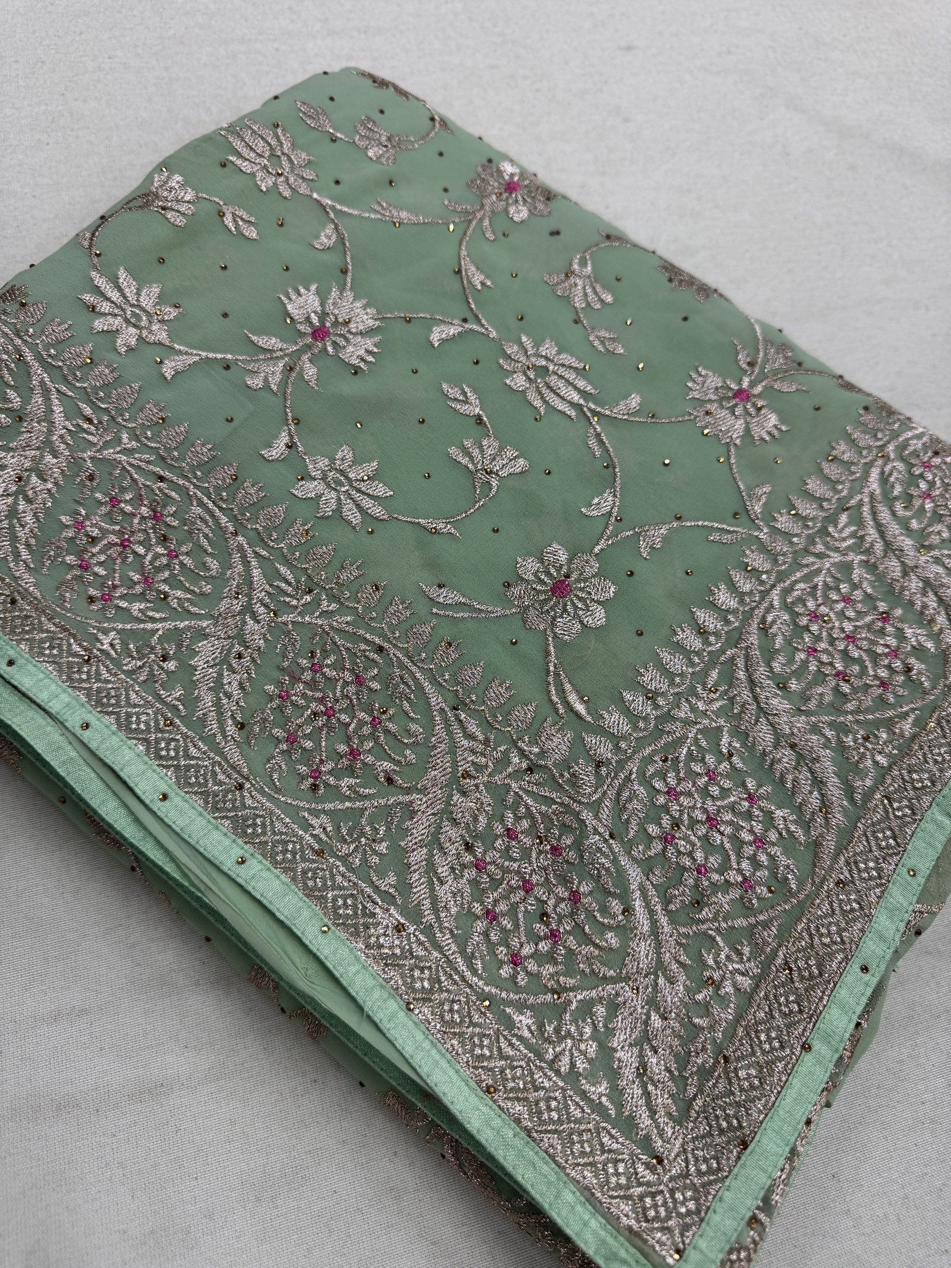 Pooja | Sea Green Georgette Partywear Saree | Elegant Machine Floral Embroidery image 2