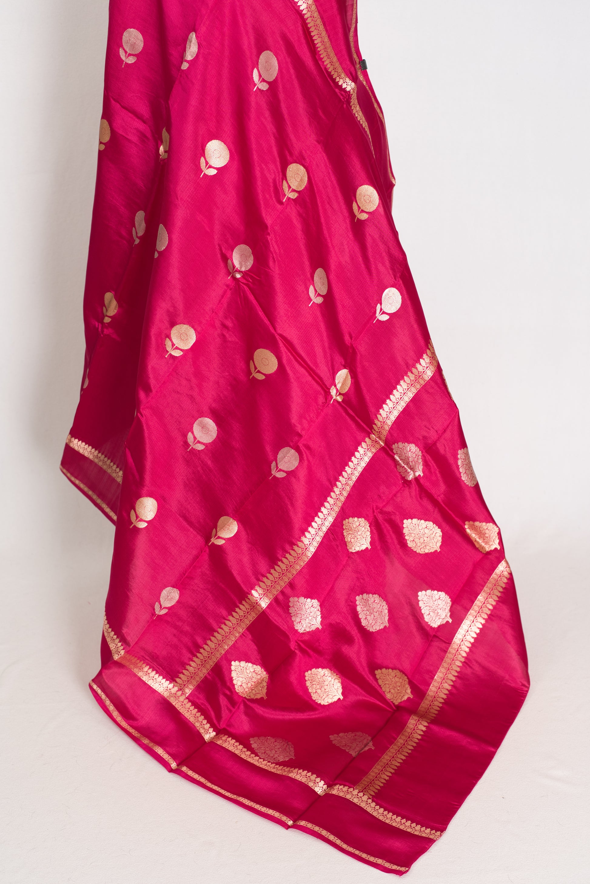 Gauri: Dark Pink Pure Katan Silk Banarasi Saree with Gold & Silver Zari Motifs image 4