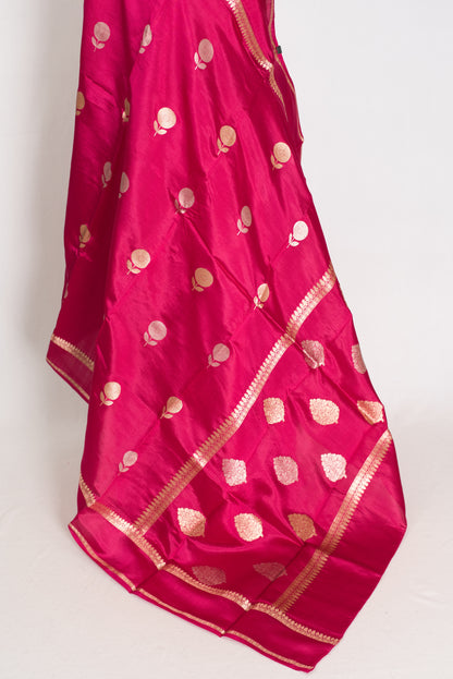 Gauri: Dark Pink Pure Katan Silk Banarasi Saree with Gold & Silver Zari Motifs image 4