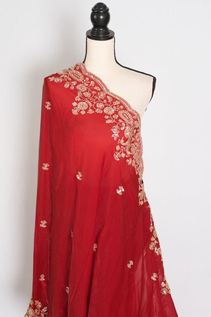 Roshni | Bright Red Tissue Saree | Pre-Stitched Size 40 Blouse image 5