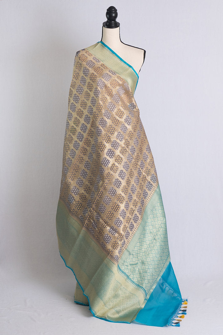 Exclusive Kora Bandhani Banarasi Saree in Gray and Blue.