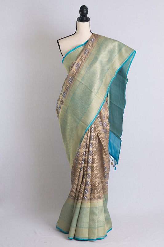 Exclusive Kora Bandhani Banarasi Saree in Gray and Blue.
