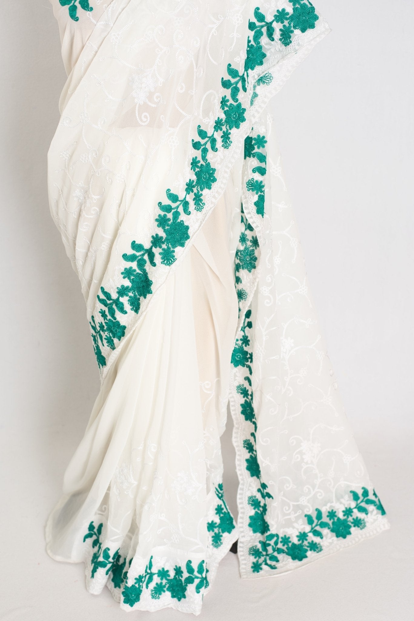 Afrin : Georgette Embroidery Designer Saree in Off White and Green - Saree Mandi