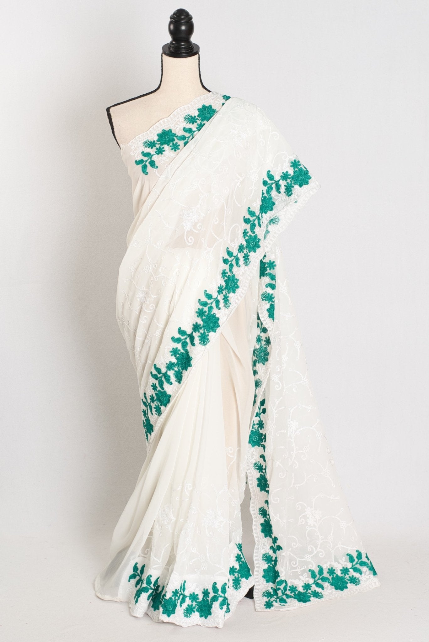 Afrin : Georgette Embroidery Designer Saree in Off White and Green - Saree Mandi