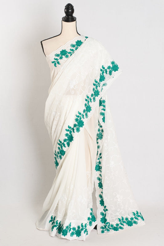 Afrin : Georgette Embroidery Designer Saree in Off White and Green - Saree Mandi